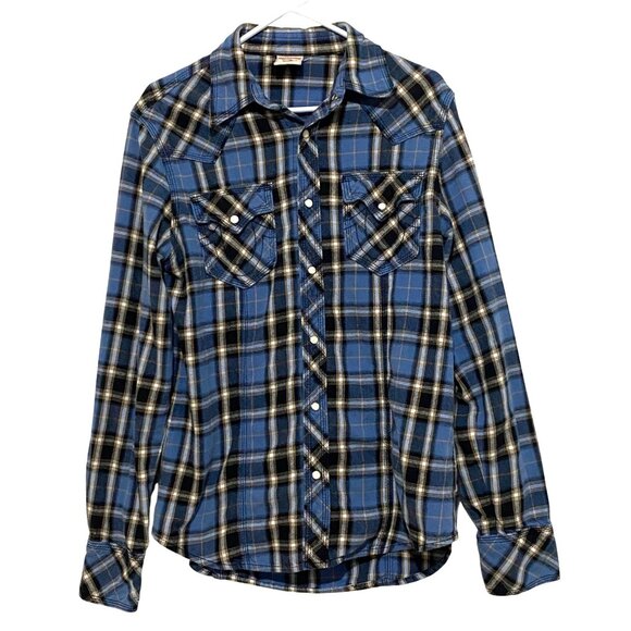 True Religion Mens Plaid Pearl Snap Shirt M Blue Western Rodeo Cowboy Country - Picture 2 of 7